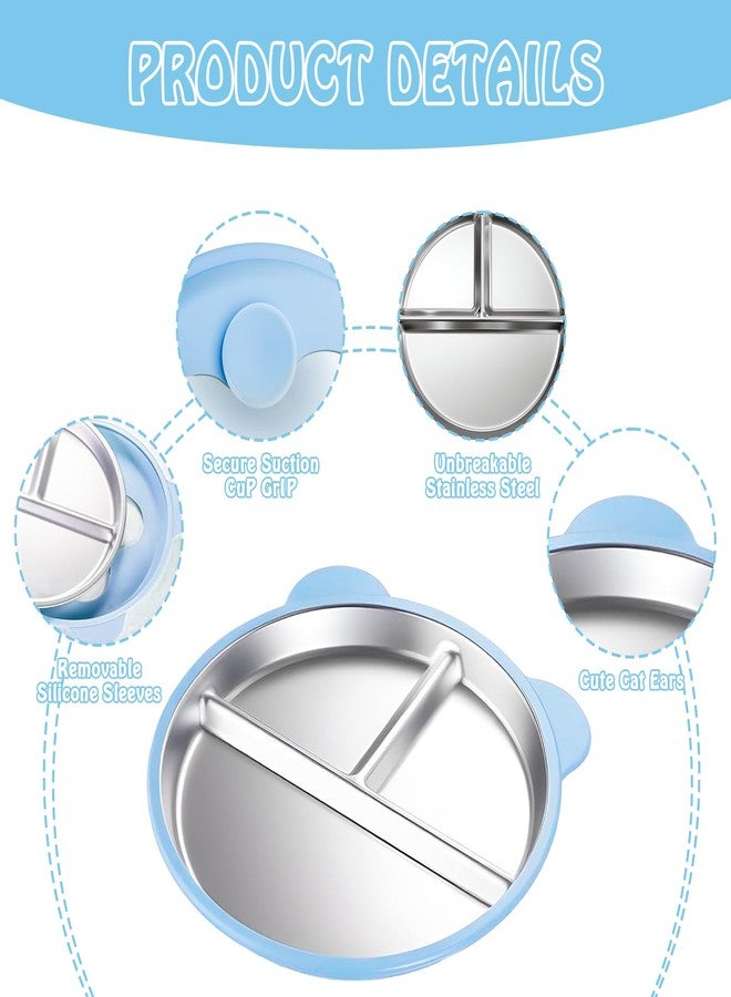 Thrseely 4 Pack Stainless Steel Toddler Plates with Suction - 9" Kids Divided Plates Removable Silicone Sleeves for Baby Led Weaning, Bear Ear Design Non Slip BPA-Free Dishwasher Safe - Image 3